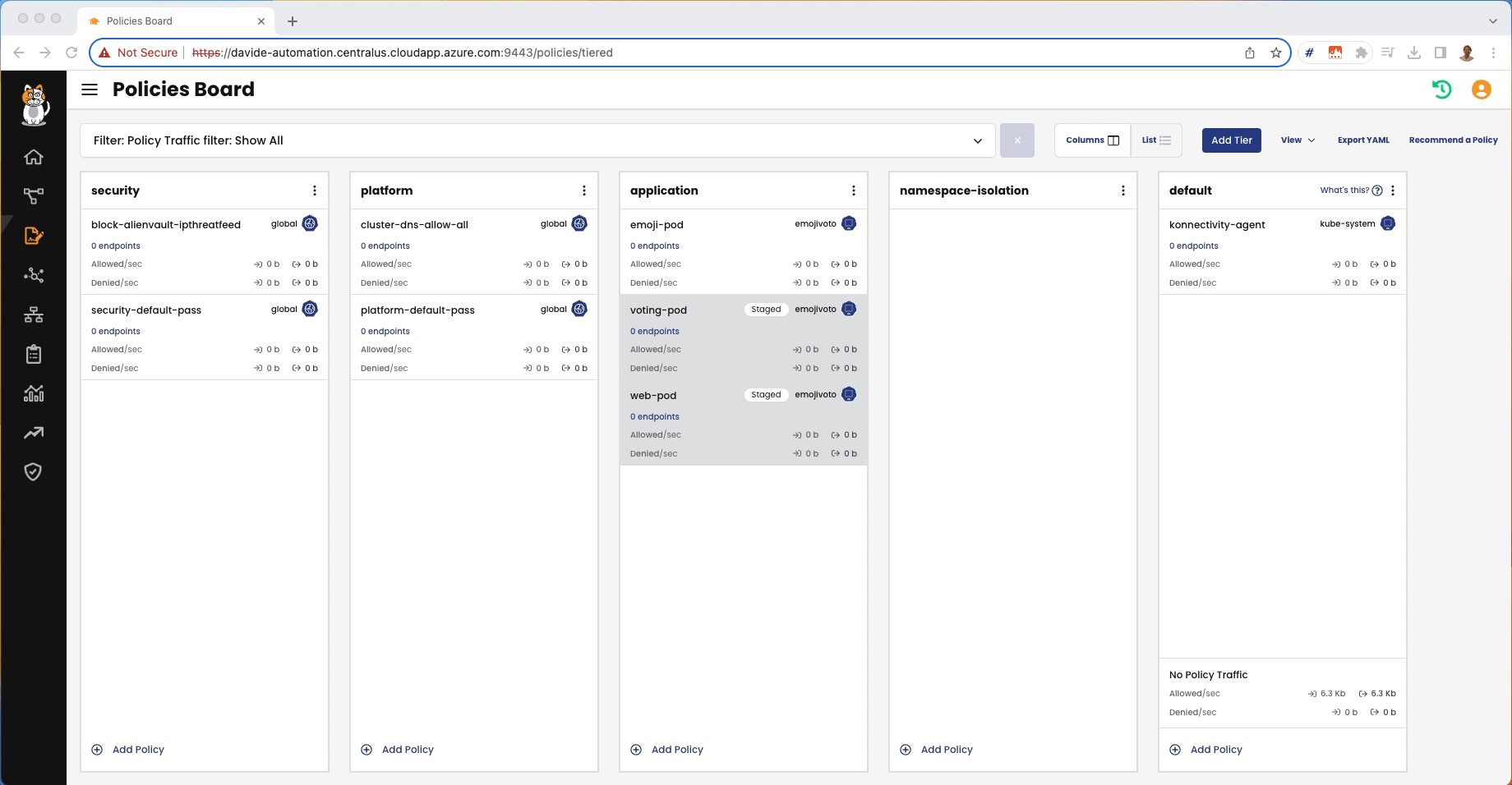 The Policies Board interface, showing policy categories (security, platform, application, etc.) and individual policies