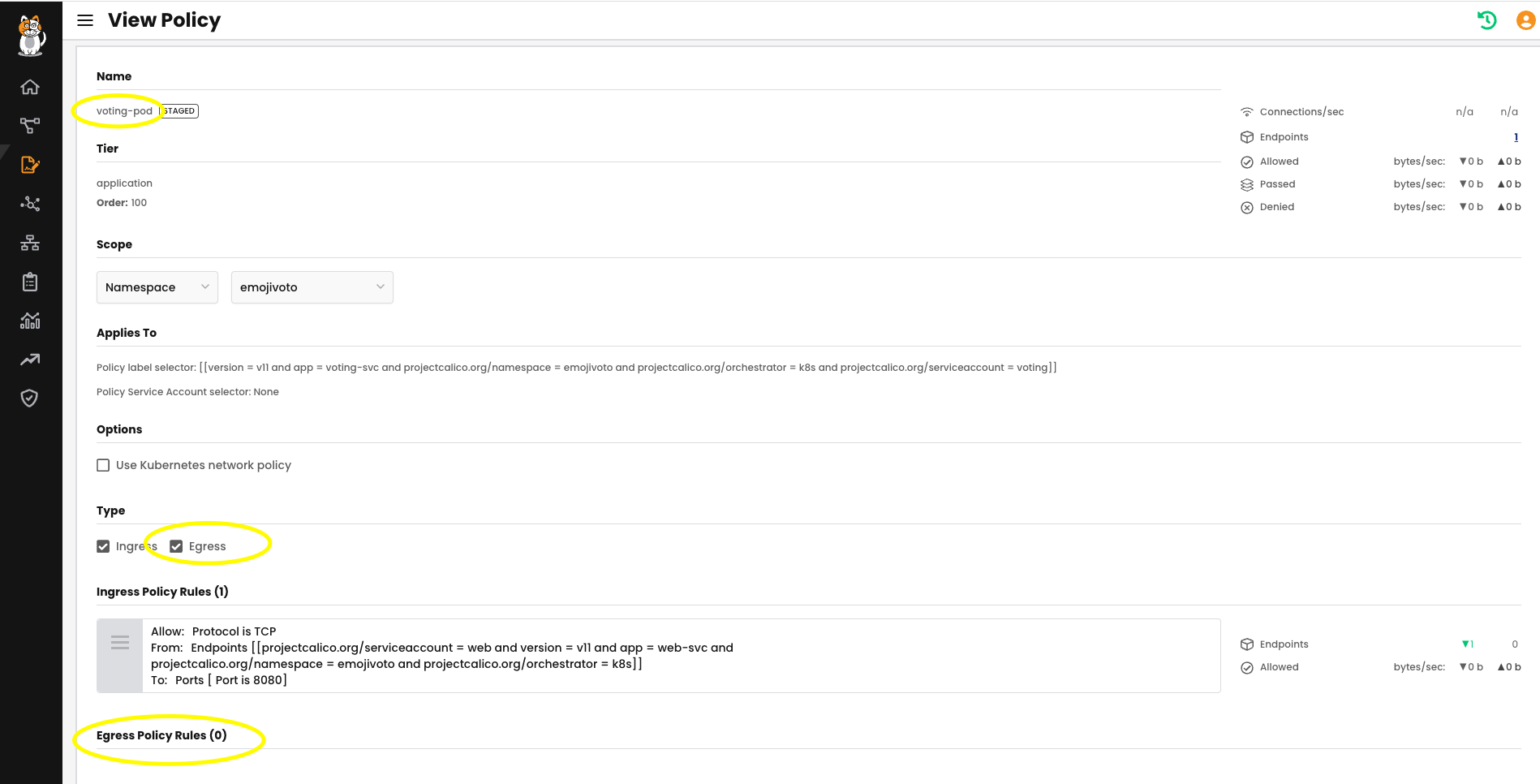 Screenshot of Calico network policy with "Egress" type selected and "Egress Policy Rules (0)" shown, indicating egress