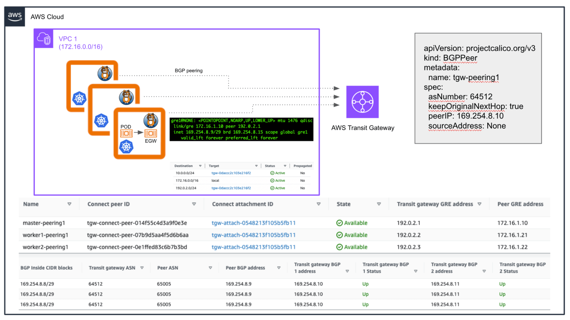 Diagram illustrating AWS Transit Gateway peering configuration, showing VPC, PODs, EGW, BGP peering details, and connection