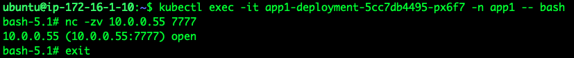 Screenshot of successful netcat connection from a Kubernetes pod to an EC2 instance at 10.0.0.55:7777 via Egress Gateway