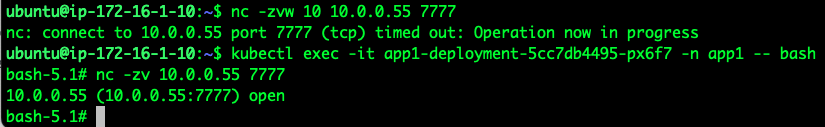 Terminal screenshot showing connection timeout from node to service; only Egress Gateway can reach it