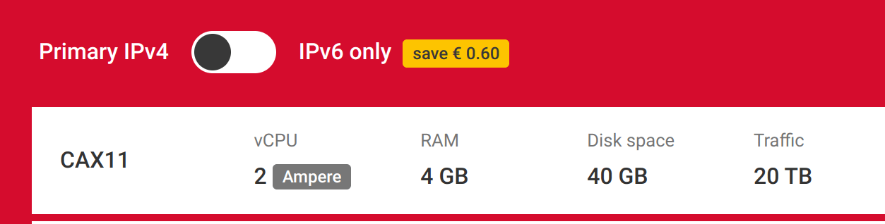 Hetzner Cloud CAX11 server specs: 2 vCPU, 4GB RAM, 40GB disk, 20TB traffic. IPv6 only saves €0.60