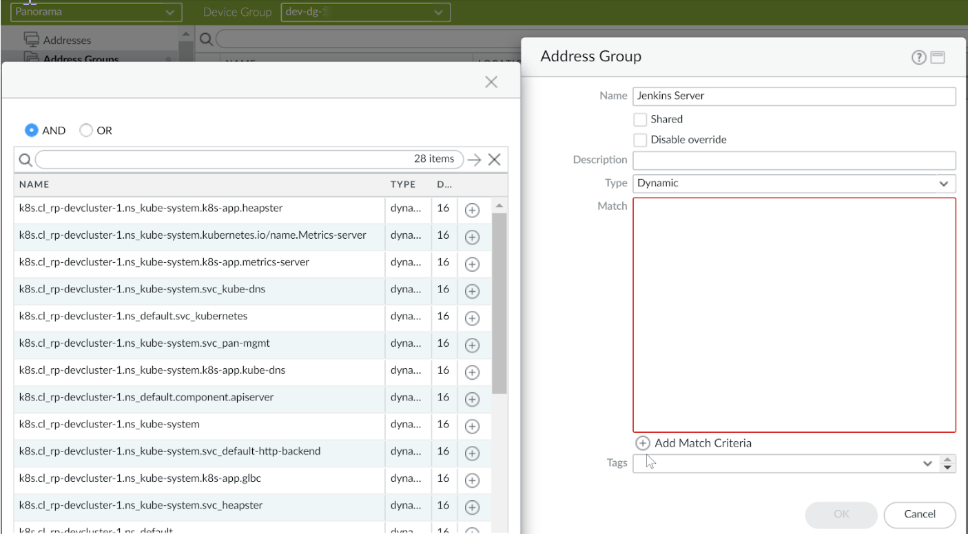 Screenshot shows Panorama UI, 'Address Group' config, and Kubernetes object names that can be mapped to tags for policy