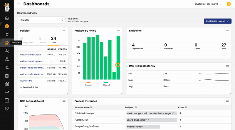 Calico Cloud UI: Dashboard view showing policies, packets by policy, endpoints, DNS latency, and process instances