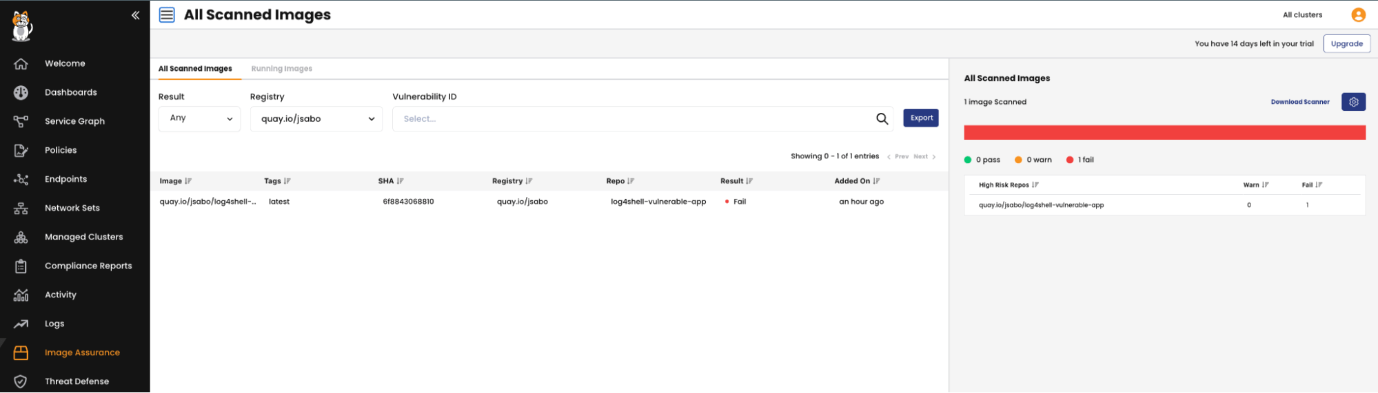 Calico Cloud UI showing cluster scanner results. Image filtered by registry/image 'quay.io/jsabo/log4shell-vulnerable-app'