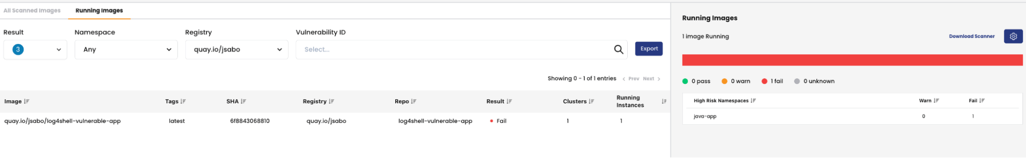 Runtime image view showing a vulnerable 'log4shell-vulnerable-app' image running in a cluster