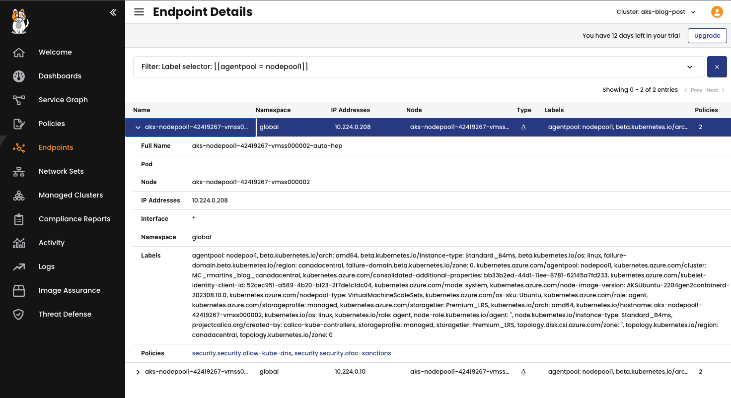 Calico Cloud Endpoint Details page showing filtered endpoint list with details expanded for one endpoint