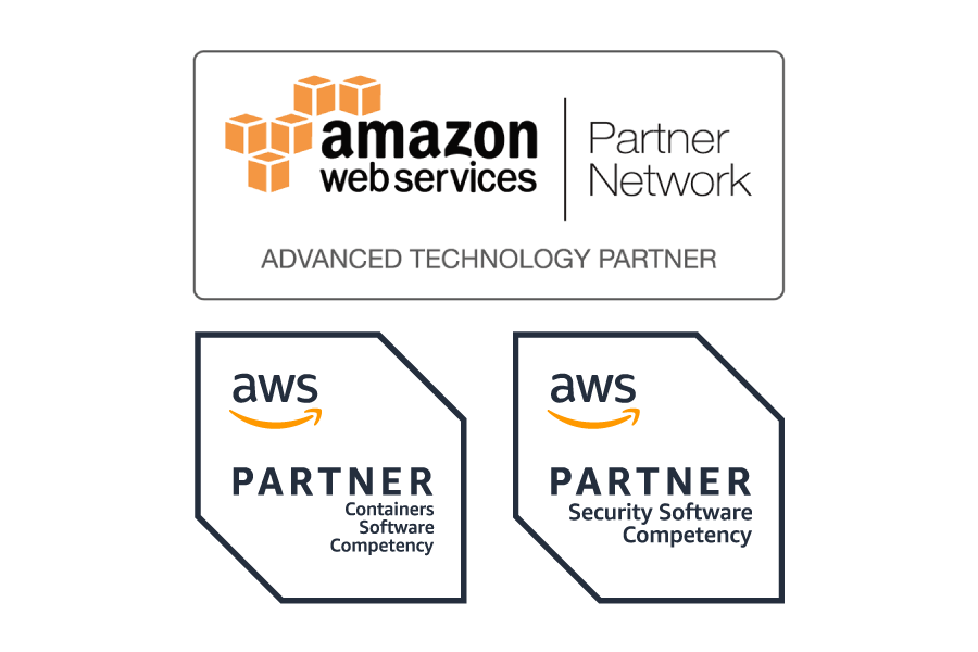 AWS Partner Network badges, including Advanced Technology Partner, Containers Software Competency, and Security Software