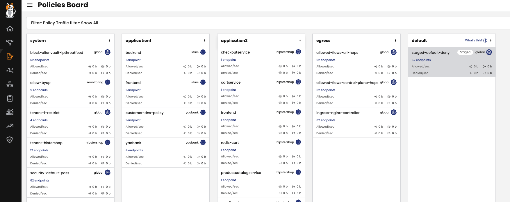Screenshot of a custom tiering architecture, showing policy traffic filtered by application and endpoint