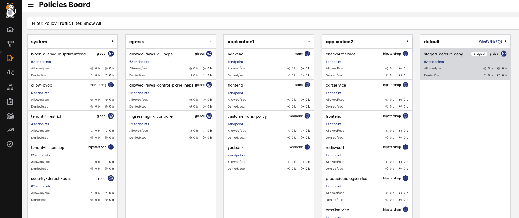 Improved policy board design: Screenshot shows reorganized endpoint policies for clearer system overview