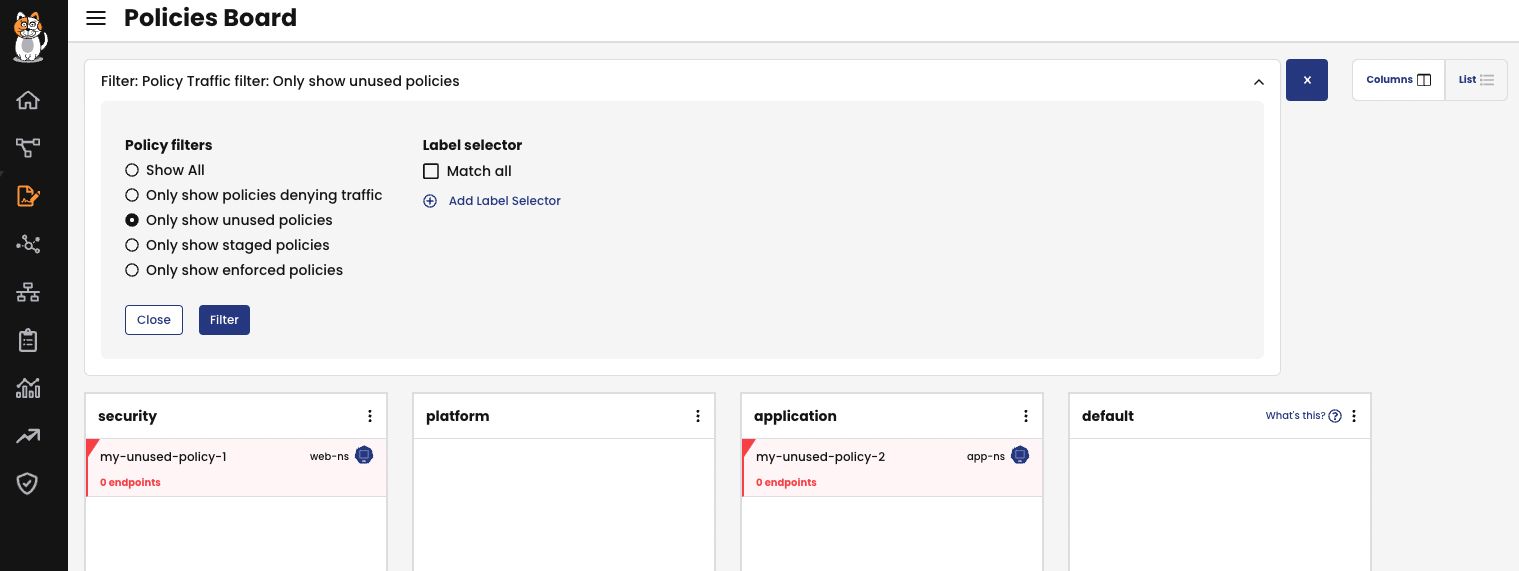 Tigera Manager UI showing unused policies highlighted in red, with "0 endpoints," and a filter to show only unused policies