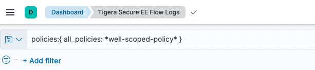 Screenshot of filter applied to Tigera Secure EE Flow Logs, showing only traffic matching "well-scoped-policy