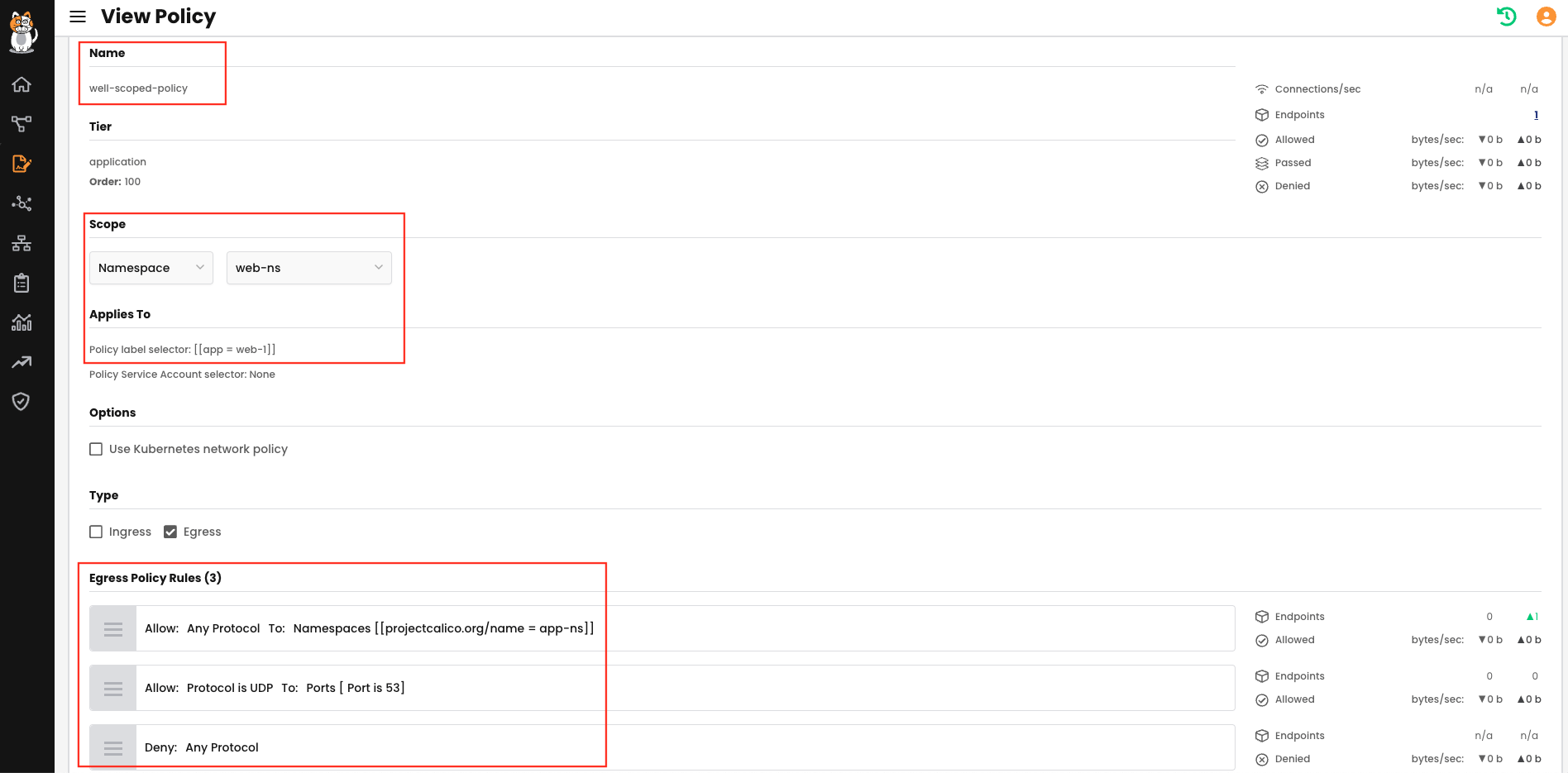 Screenshot of Kubernetes network policy showing egress rules allowing web-1 pod traffic to DNS and app-1 pod in app-ns