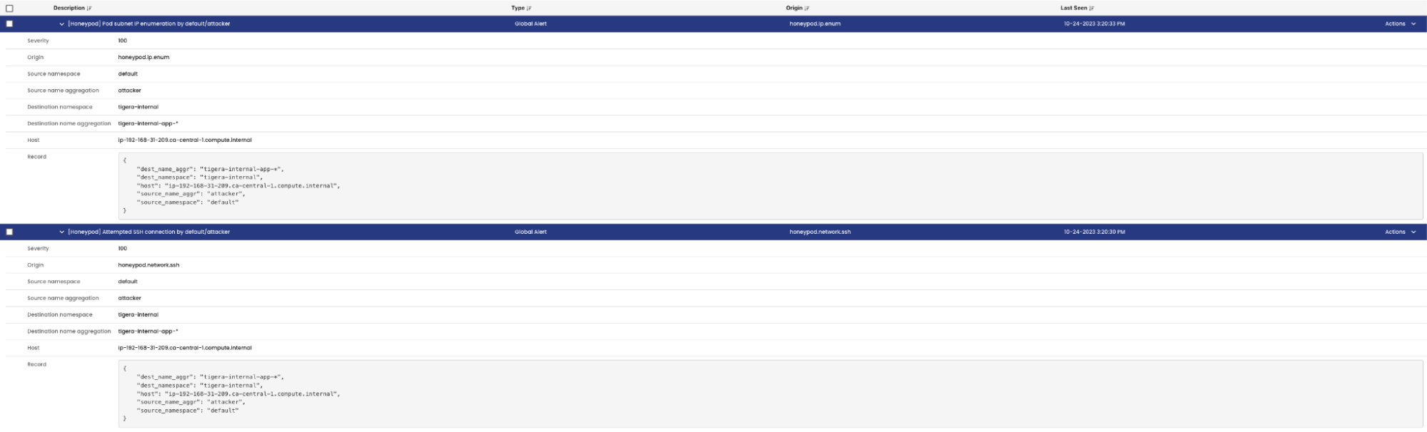 Screenshot of a network security alert showing two events: a pod subnet IP enumeration and an attempted SSH connection, both originating from an attacker in the "default" namespace
