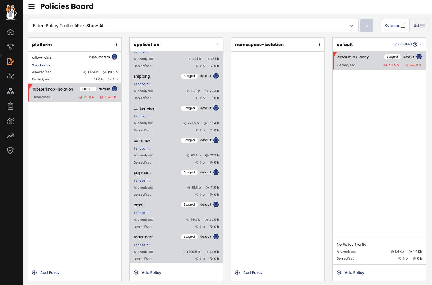 Screenshot of policy board showing traffic allowed/denied per policy and endpoint, verifying policy order and impact