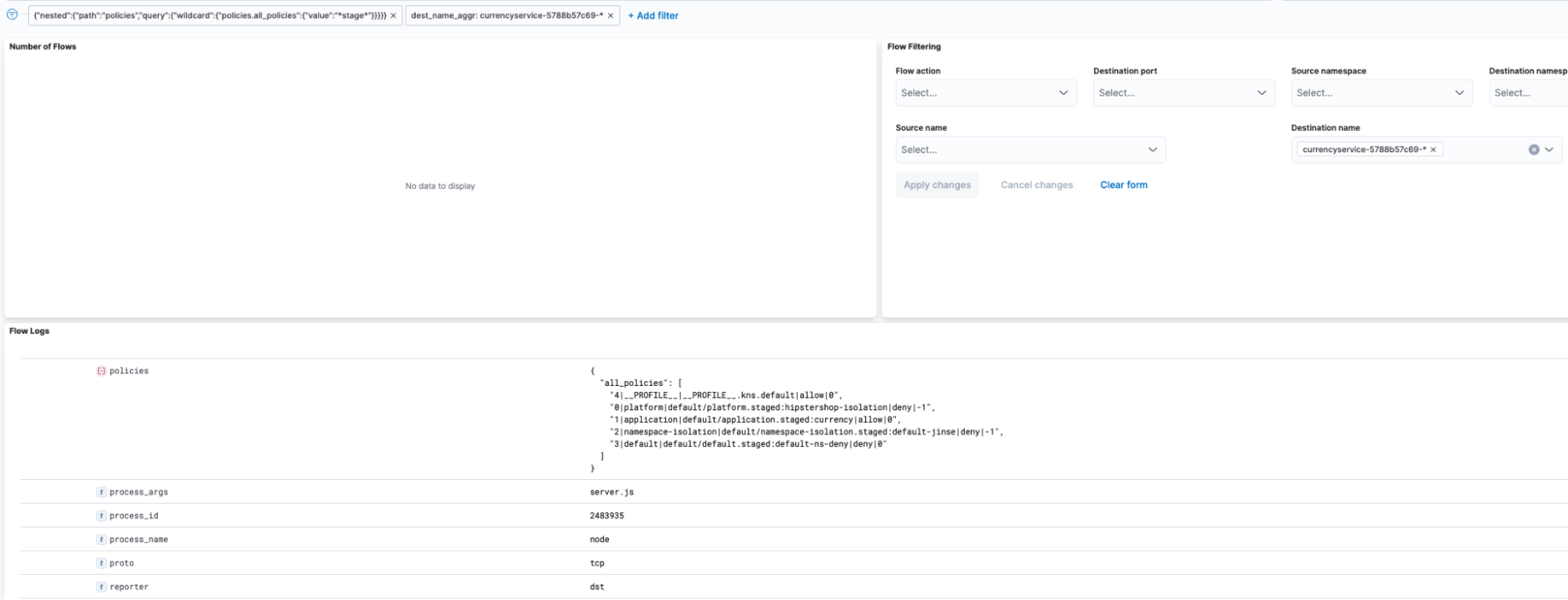 Screenshot of DSL filter example showing JSON code and UI elements for configuring flow filtering