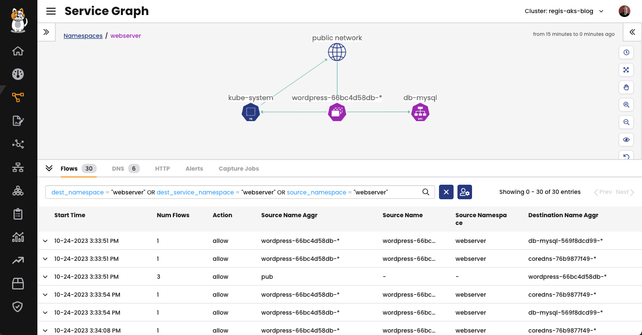 Kubernetes Calico flow log visualization: network traffic between pods, showing packet counts and byte sizes, not raw packet