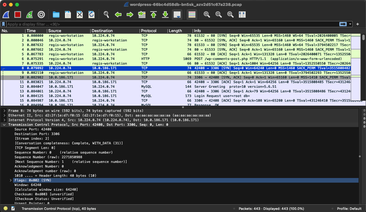 Wireshark screenshot showing network packet analysis; data confirms local workstation analysis of downloaded capture