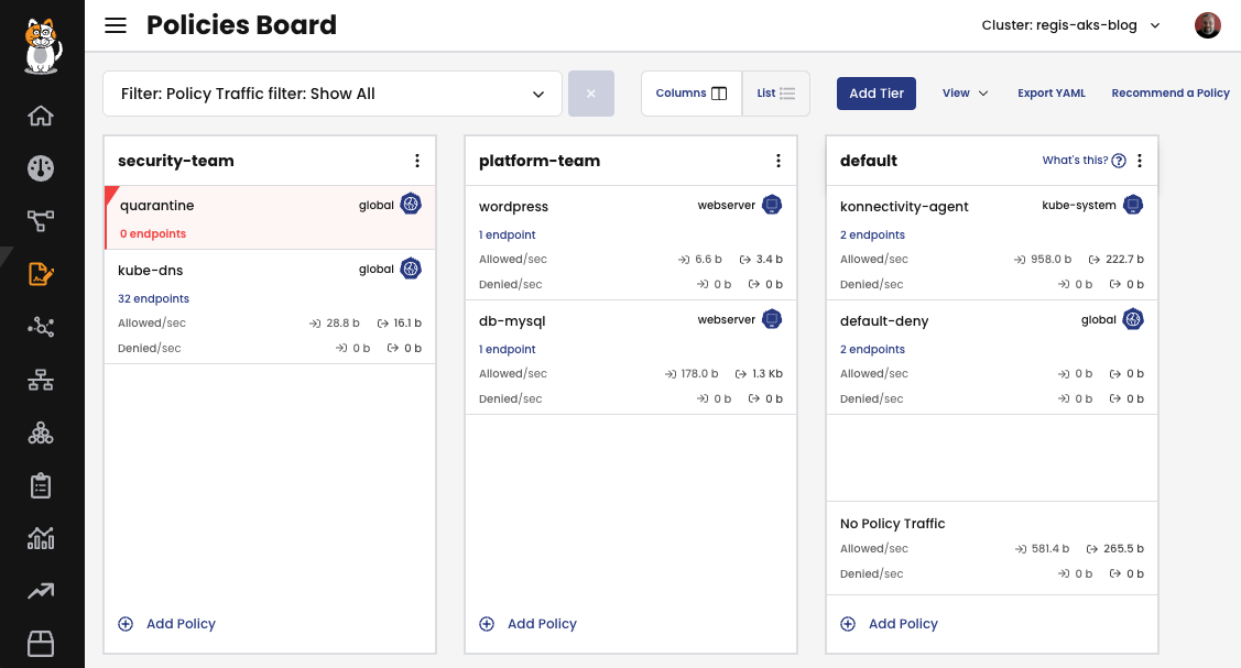 Policies Board interface displaying tiered network policies with traffic details.