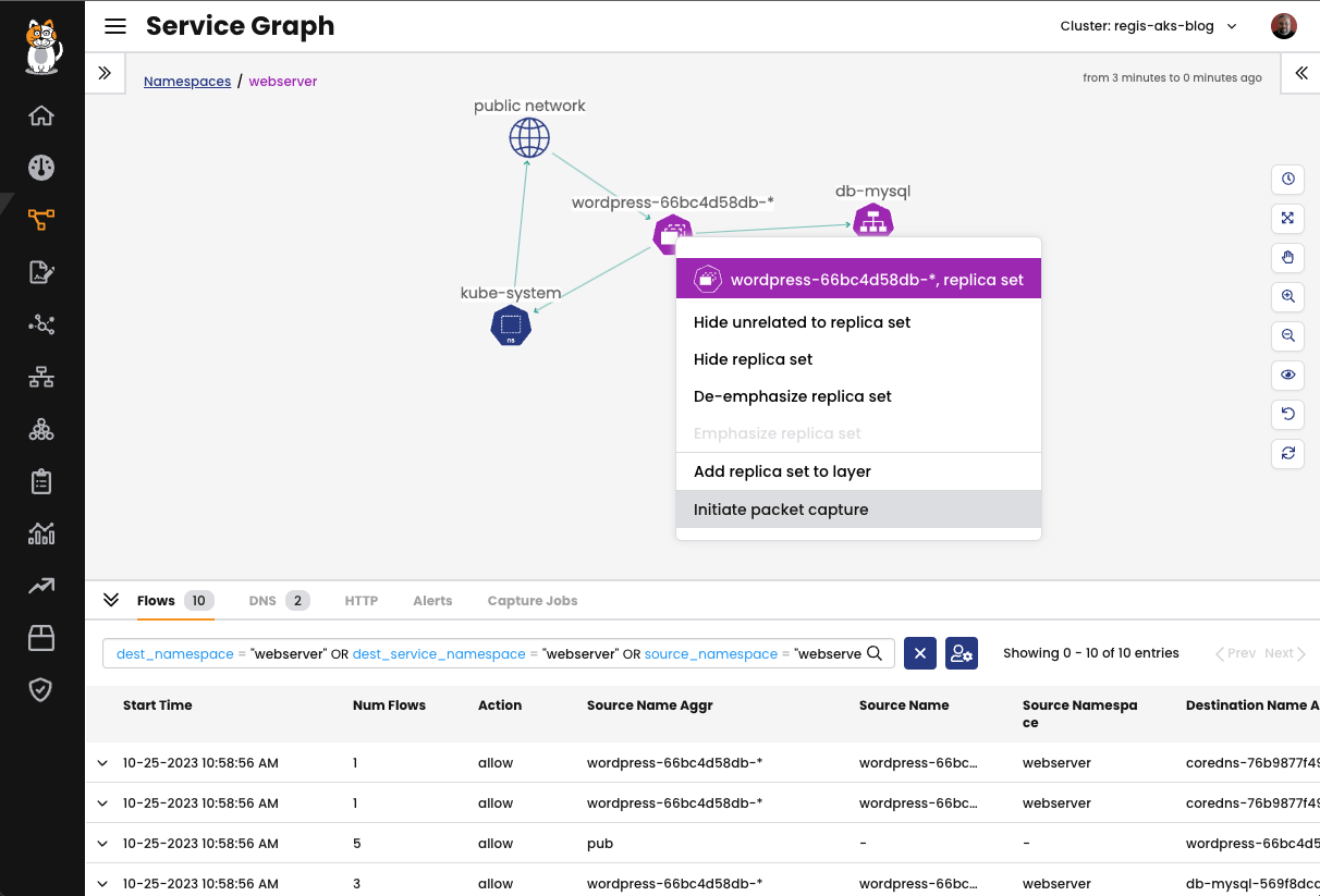 Screenshot showing how to initiate a packet capture from a WordPress application pod in a service graph by right-clicking