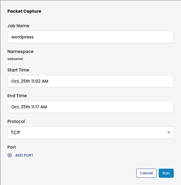 Screenshot of packet capture configuration form with "Run" button to start capture