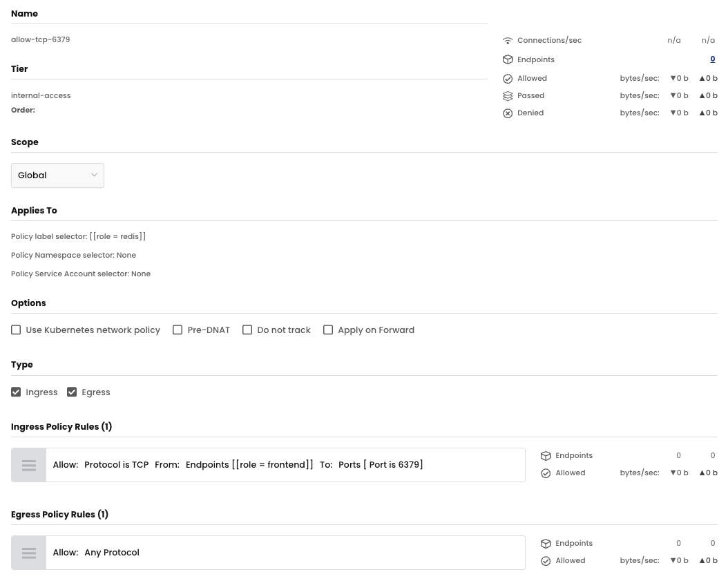 Calico GUI screenshot showing policy visualization and editing options for ingress and egress rules