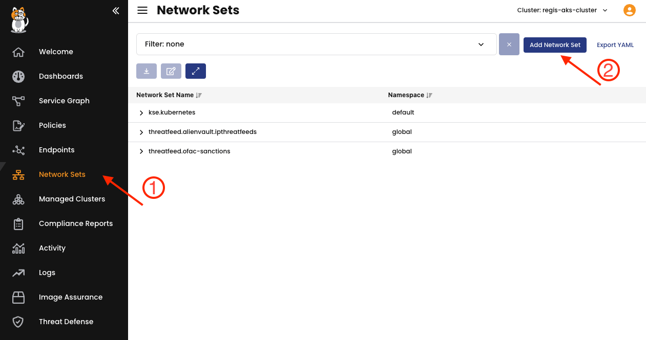 Calico Network Sets interface: Steps to add a new network set are highlighted, showing navigation to "Network Sets" and the