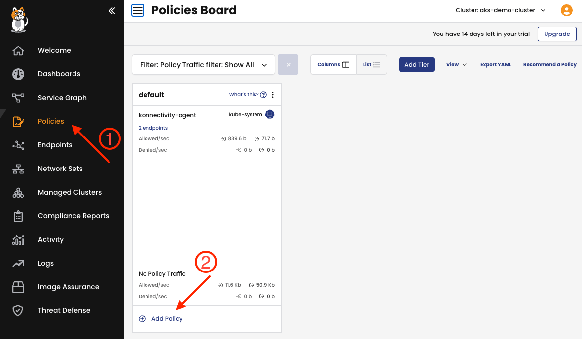 Screenshot showing how to create a global network policy by navigating to Policies > Policies and clicking "Add Policy