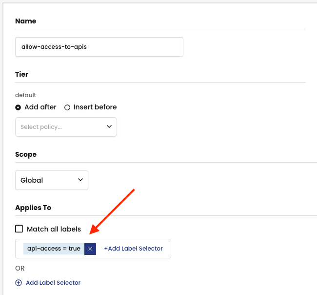 Screenshot showing policy configuration; workloads with `api-access=true` label are targeted