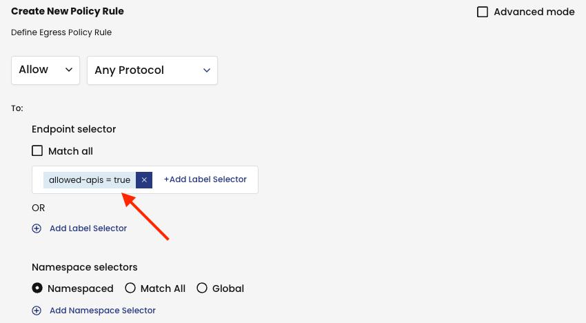 Screenshot shows configuring egress policy rule to use `allowed-apis=true` label as destination