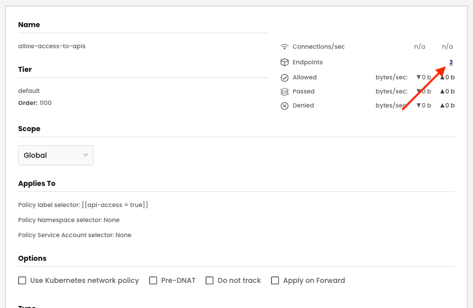 Screenshot showing 3 endpoints impacted by a global network policy; clicking the "3" displays details