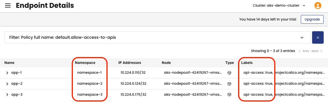 Screenshot showing apps app-1, app-2, app-3 in different namespaces, all sharing the `api-access=true` label