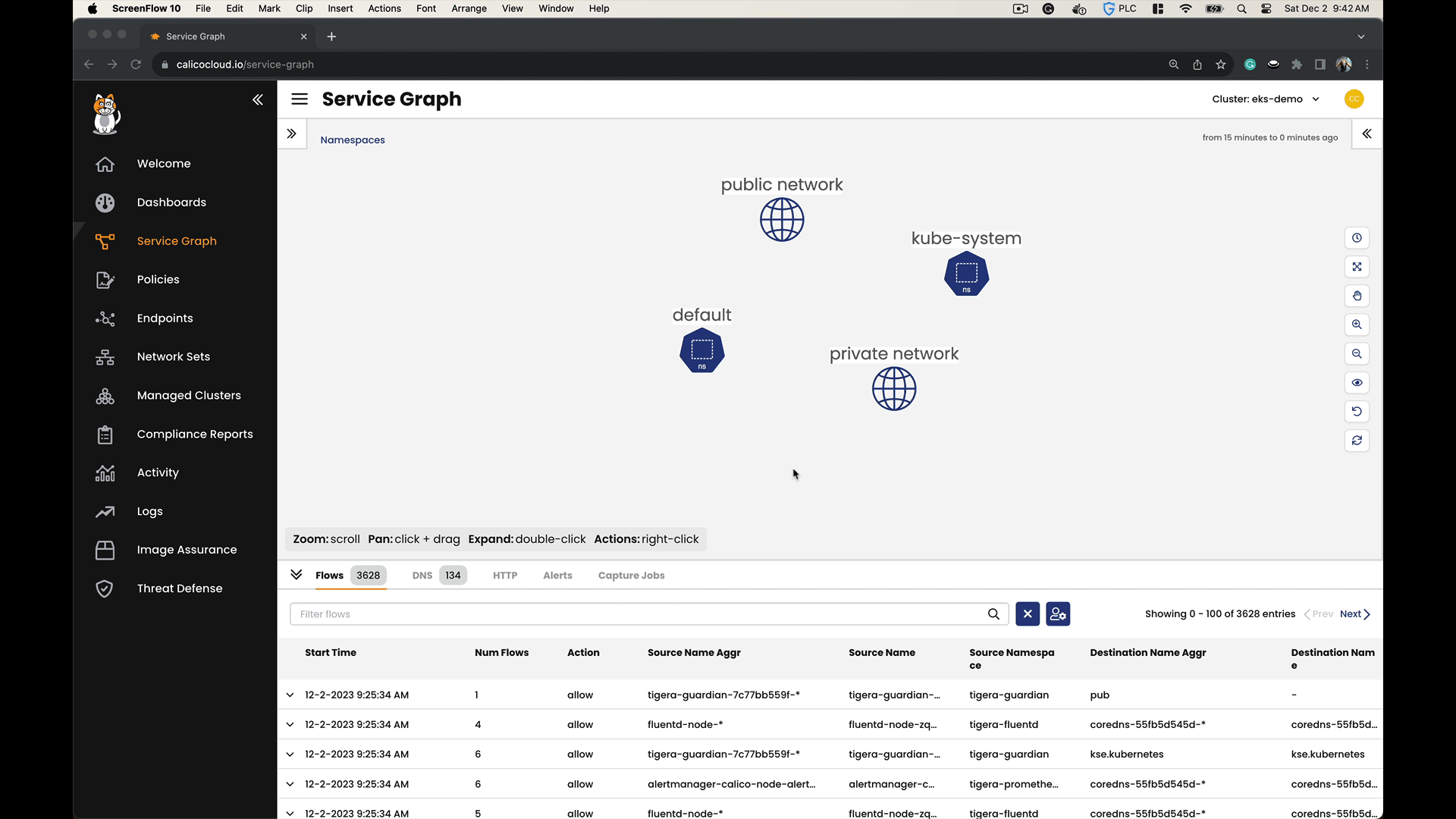 Calico Cloud Service Graph showing traffic flow from workloads through egress gateways to the public network