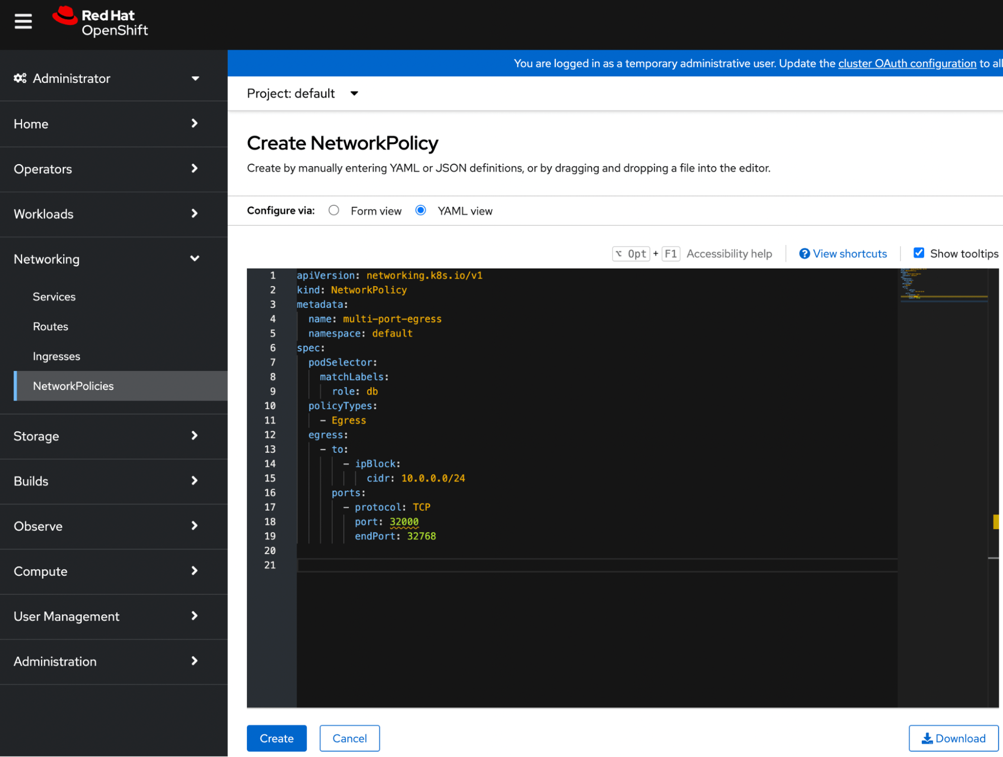 Cloud-based code editor displaying a YAML file for Kubernetes network policy configuration and deployment instructions.