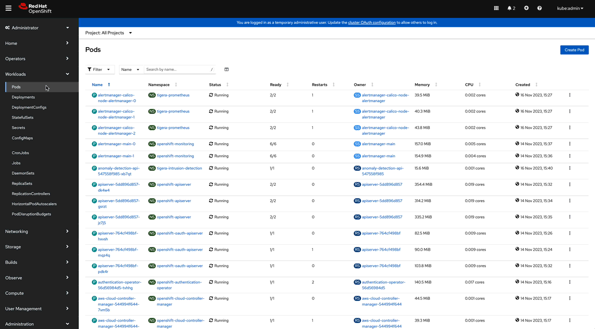 Screenshot of an OpenShift cluster's pod list showing hundreds of pods and numerous namespaces/services already running