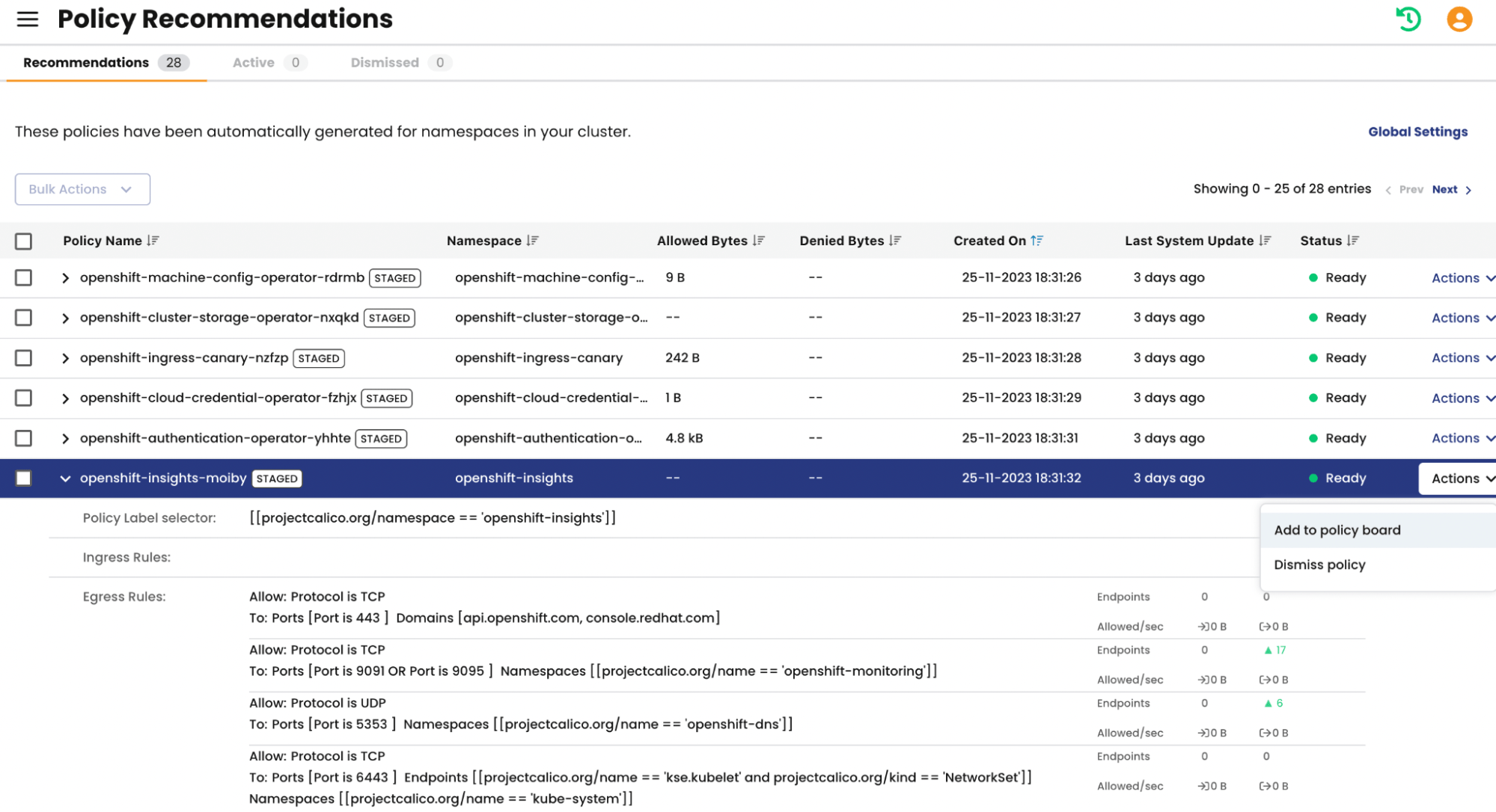 Screenshot of policy recommendations generated by an automated engine, showing suggested rules to allow, deny, log, or pass
