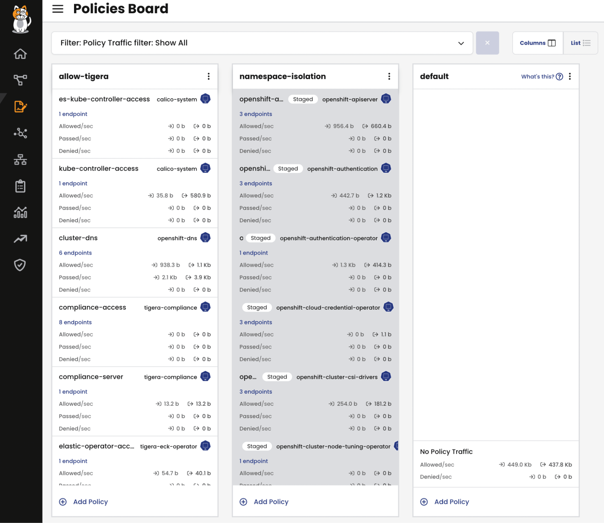 Screenshot of policy board showing allowed and denied network traffic, illustrating policy accuracy