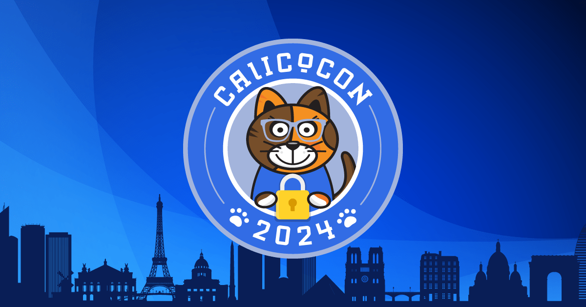 CalicoCon 2024 logo: Cartoon cat with glasses and padlock, above a skyline. Event: Nov 12, 1-5pm MST, Hilton SLC