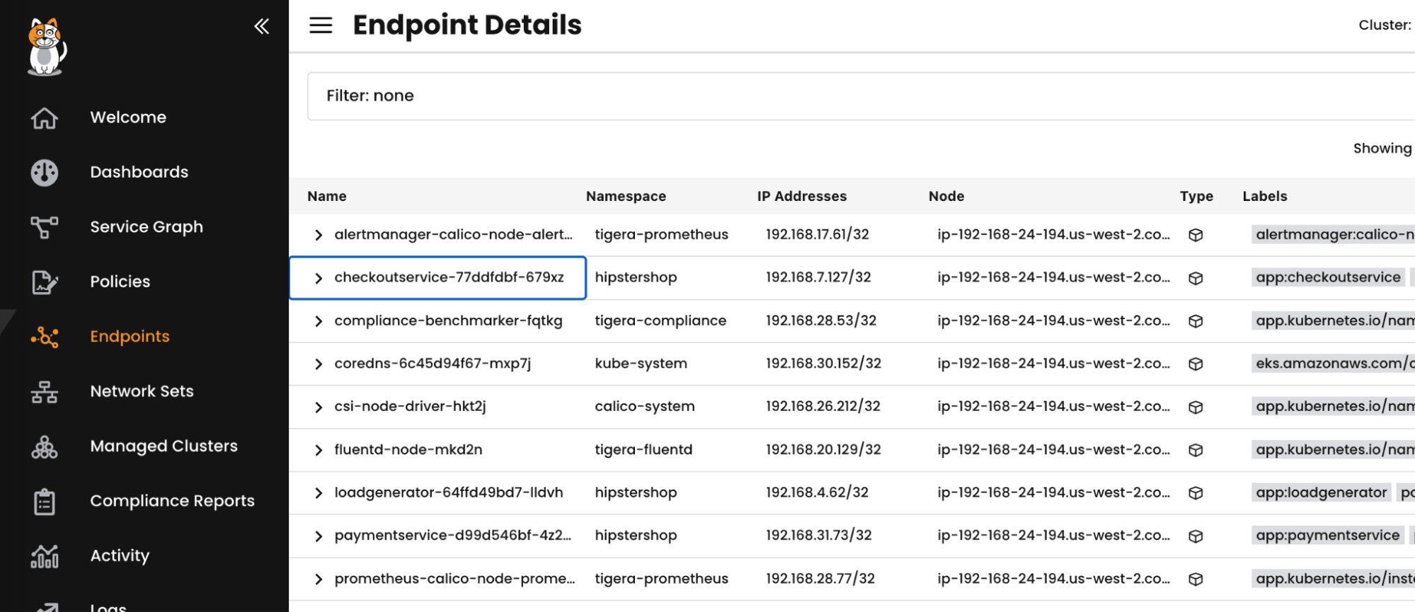 Kubernetes endpoint details table showing name, namespace, IP addresses, node, type, and labels