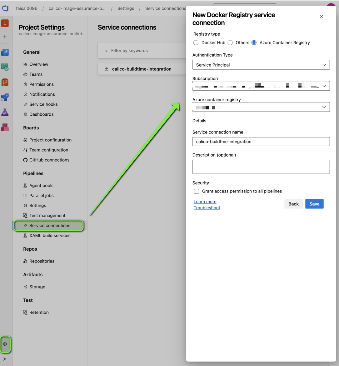 Azure DevOps service connection creation form for connecting to an Azure Container Registry
