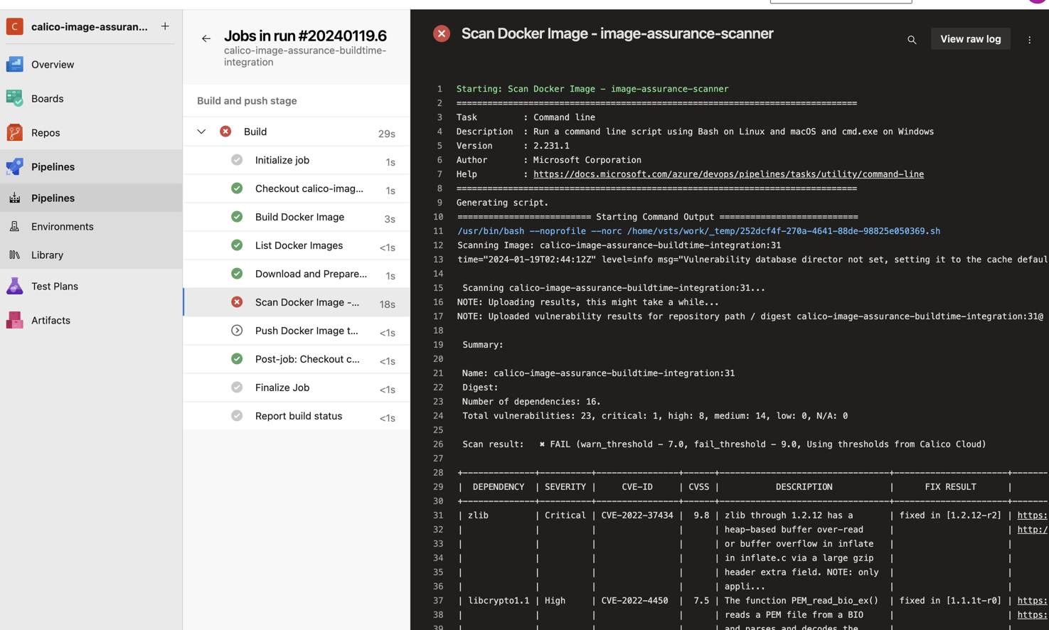 Screenshot of build logs showing a failed Docker image scan with vulnerability details