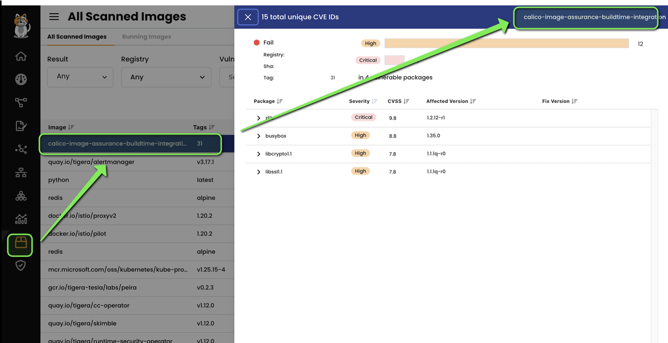 Calico Cloud UI showing scan results; image list with vulnerability details and CVE IDs