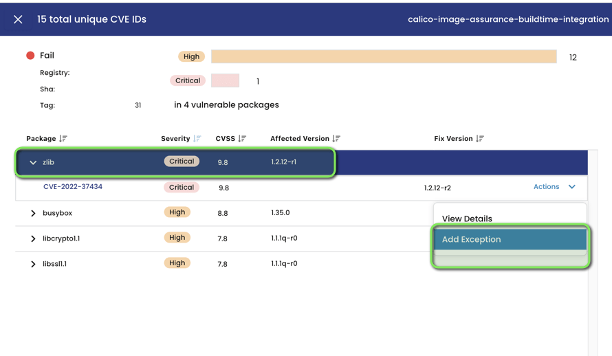 Calico Cloud console showing image assurance scan results; "Add Exception" button highlights ability to manage