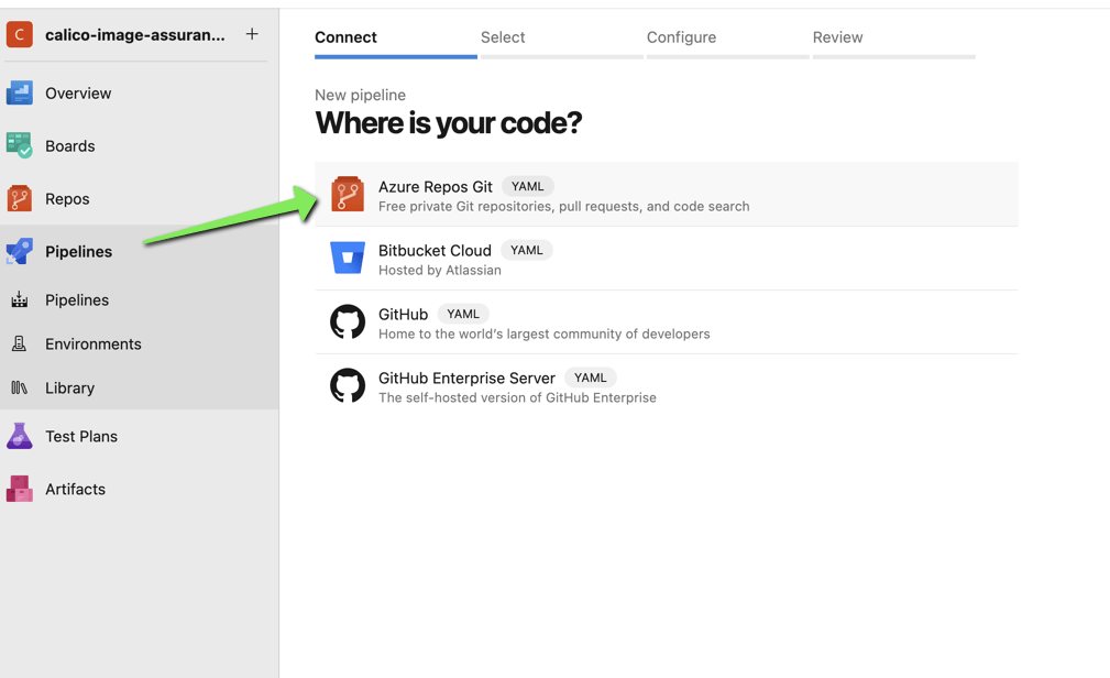Azure DevOps pipeline setup screen showing options for connecting to various Git repositories
