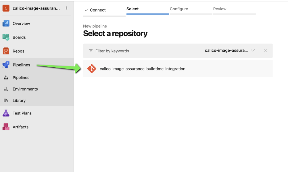 Azure DevOps pipeline selecting Calico Image Assurance buildtime integration repository