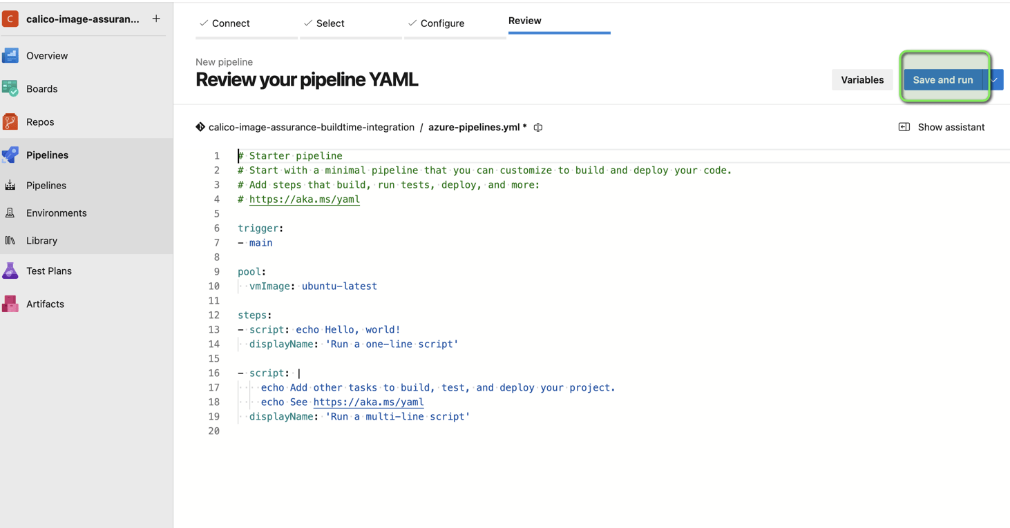 Screenshot of YAML code for a starter pipeline, ready to be saved and run, later customizable for scanner integration