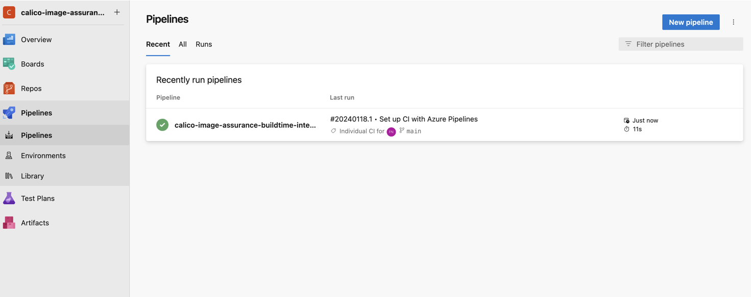 Screenshot of Azure DevOps Pipelines showing a recently completed pipeline run