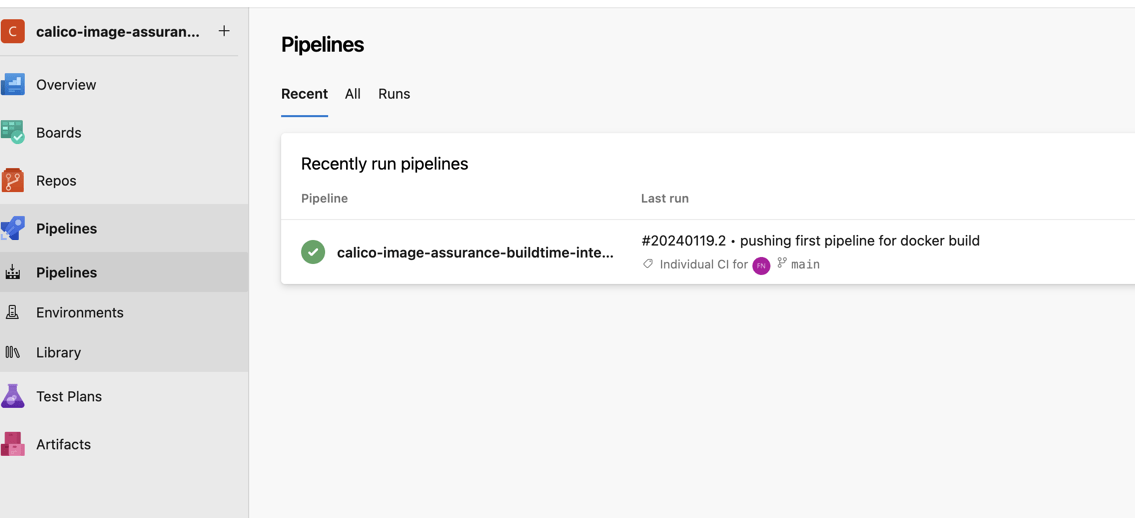 Screenshot of successful pipeline run pushing first Docker build