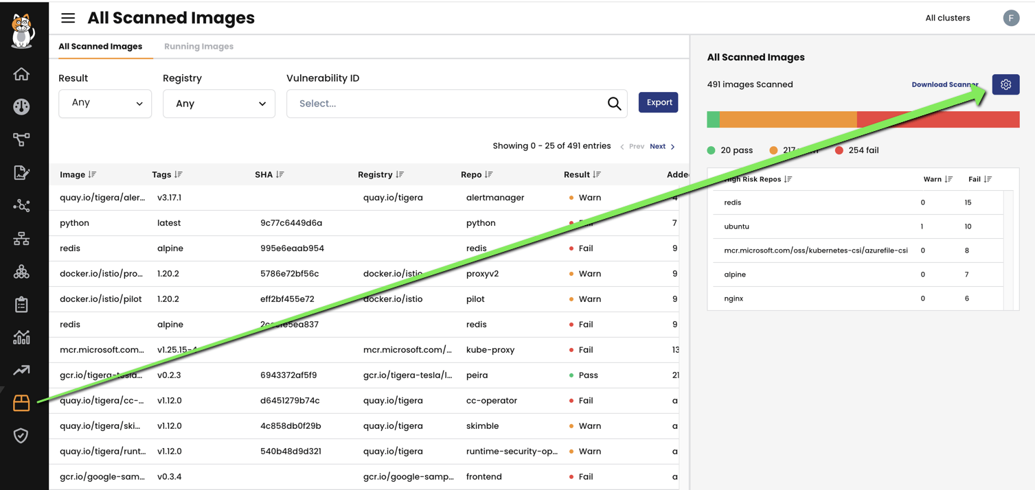 Calico Cloud console settings screenshot showing how to find the api-url and api-token needed to upload scan results