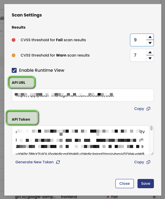 Azure DevOps build pipeline settings for Calico image assurance vulnerability management, showing API URL and token